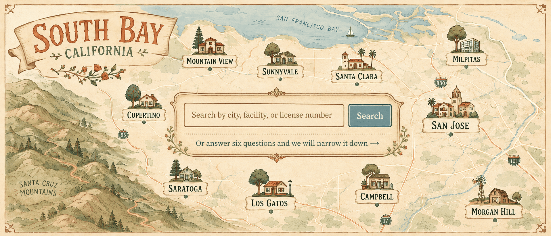 Illustrated map of the South Bay, from the Santa Cruz Mountains to San Francisco Bay, naming ten Santa Clara County cities.